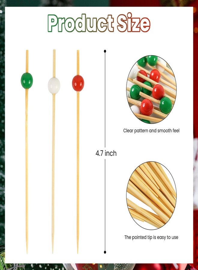 KFJBPB 100PCS Christmas Cocktail Picks 4.7 Inch, Red Green White Bead Decorative Fancy Toothpicks Bamboo Appetizer Toothpicks Food Picks for Drinks Fruit Christmas Party Decoration (Christmas) - Image 2